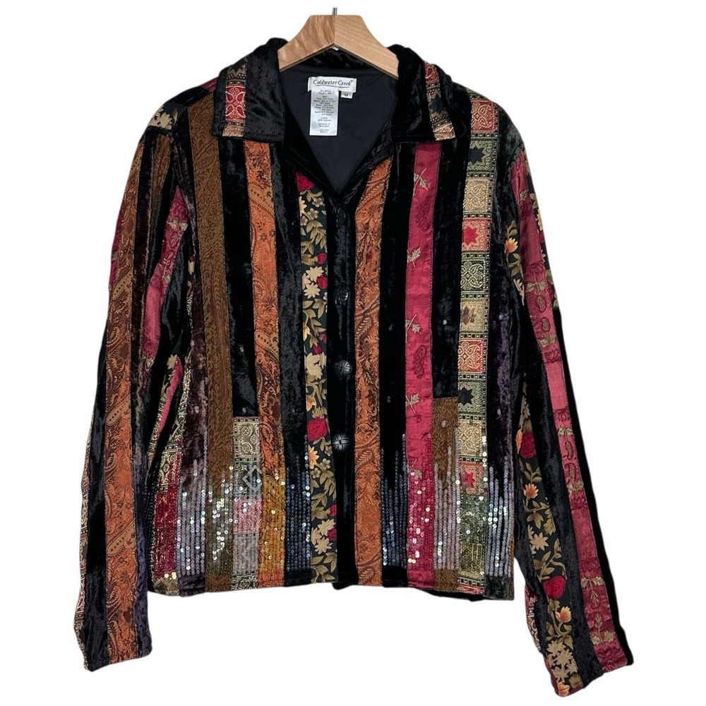 Coldwater Creek Women M Jacket Black Velvet Sequined Ribbon Patchwork Whimsigoth